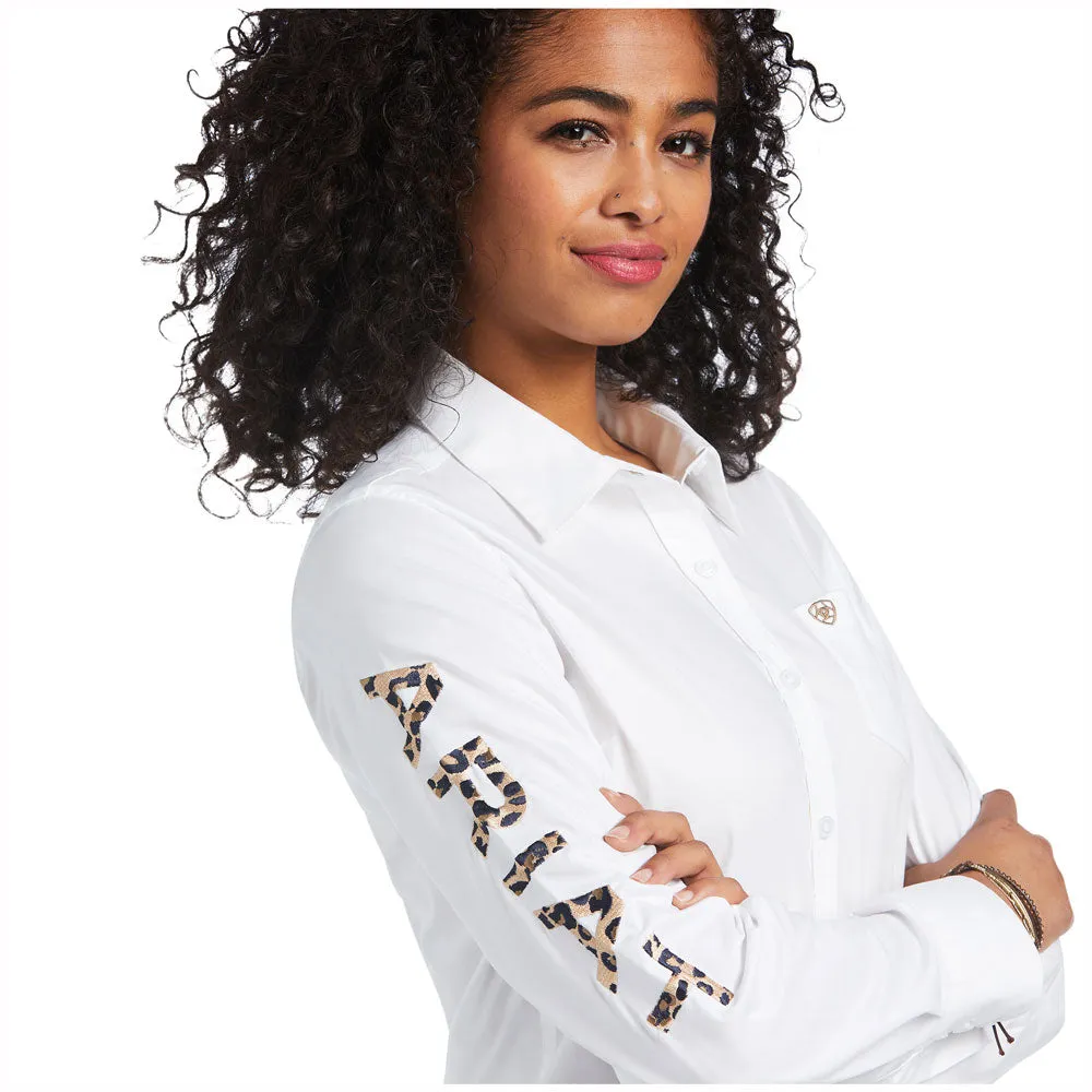 10039457 Ariat Women's Team Kirby Long Sleeve Stretch Shirt - White/Leopard