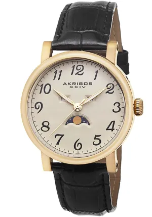 Akribos XxivCream Dial Gold Tone Stainless Steel Black Leather Men's Watch AK633YG