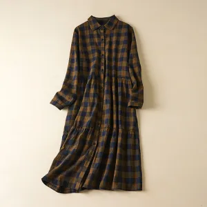 Babakud Women Autumn Loose Cotton Linen Plaid Long Sleeves Dress