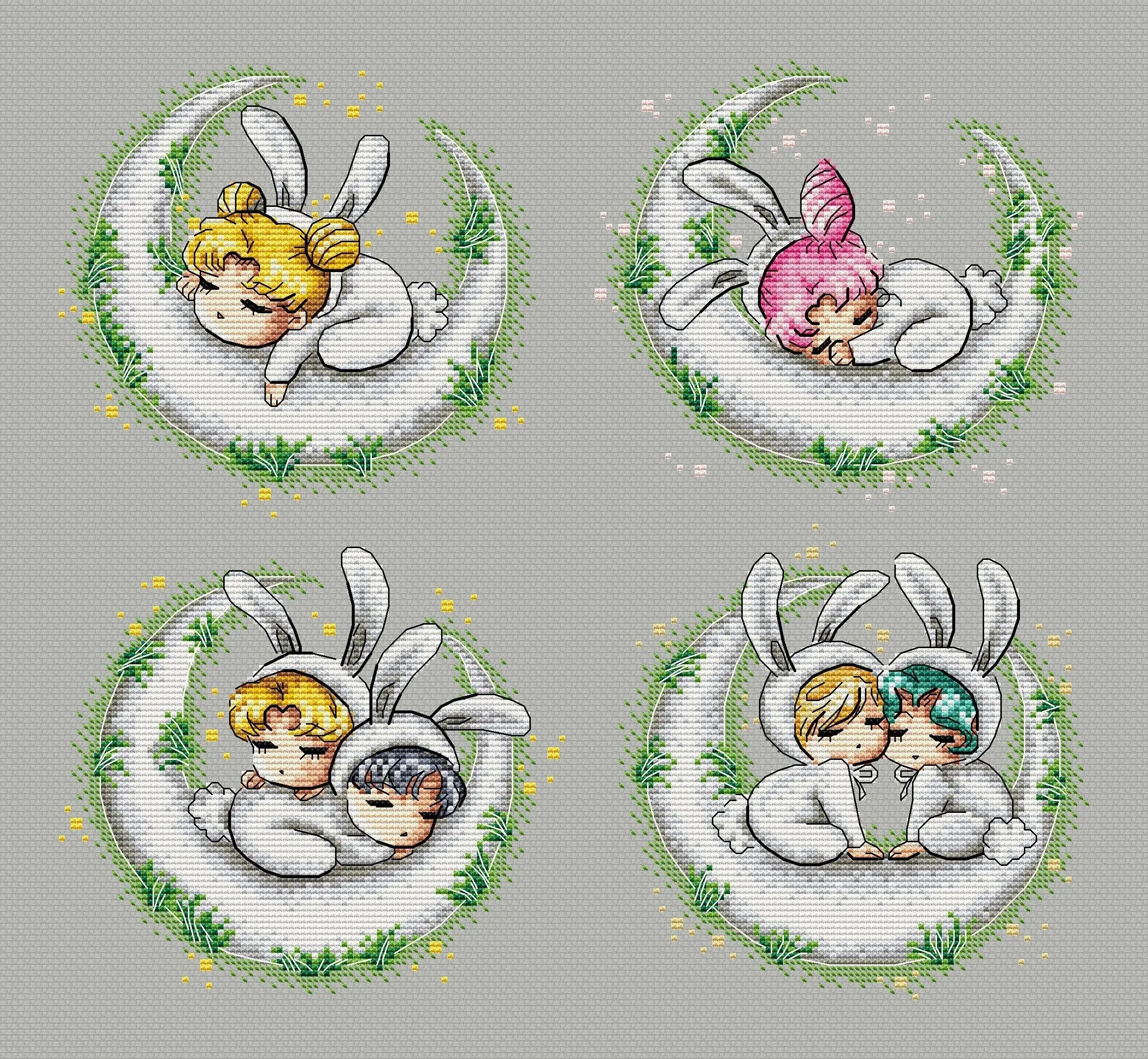 Baby rabbits. Haruka, Michiru, Usagi, Mamoru and Chibiusa - PDF Cross Stitch Pattern