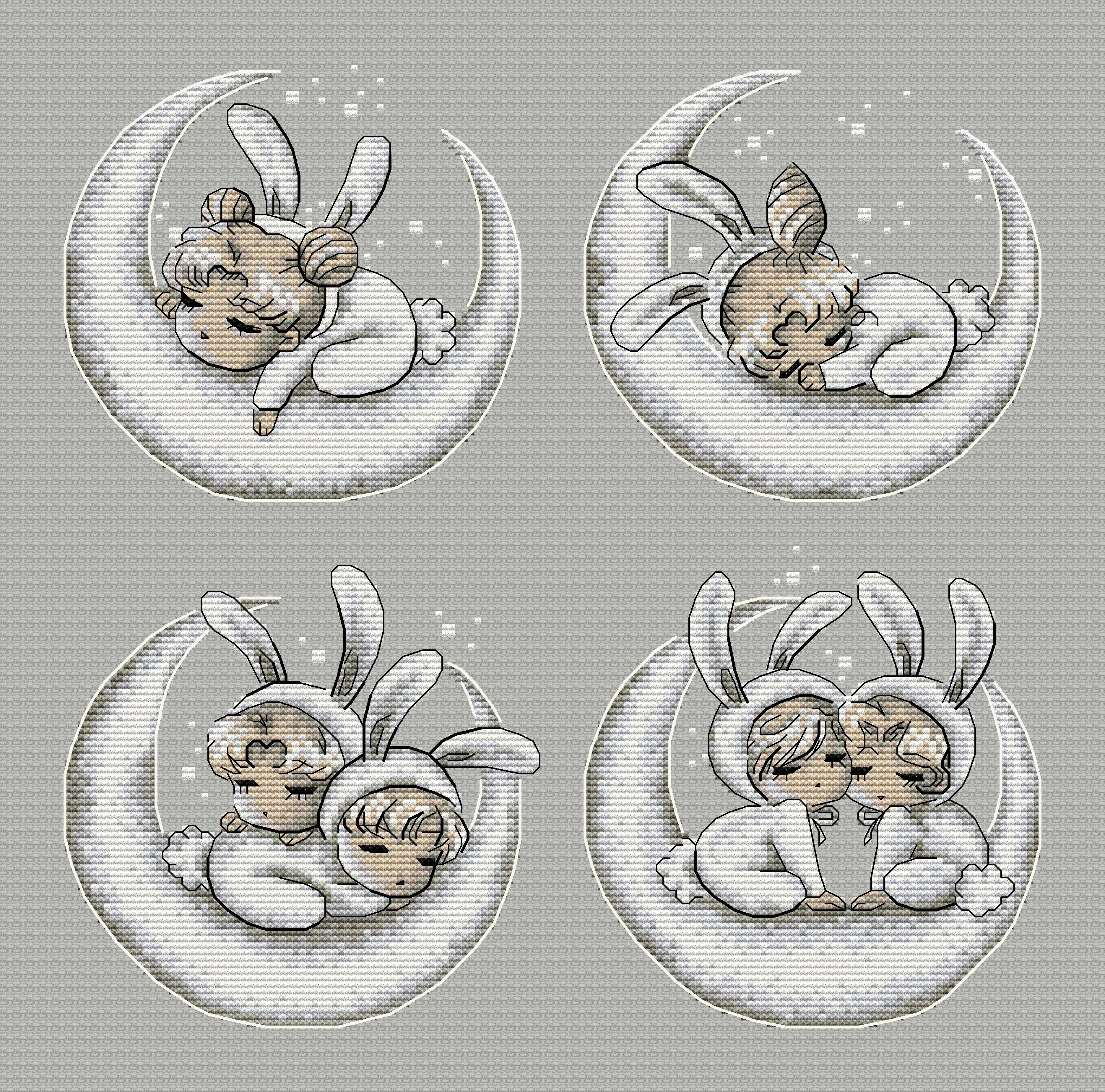 Baby rabbits. Haruka, Michiru, Usagi, Mamoru and Chibiusa - PDF Cross Stitch Pattern