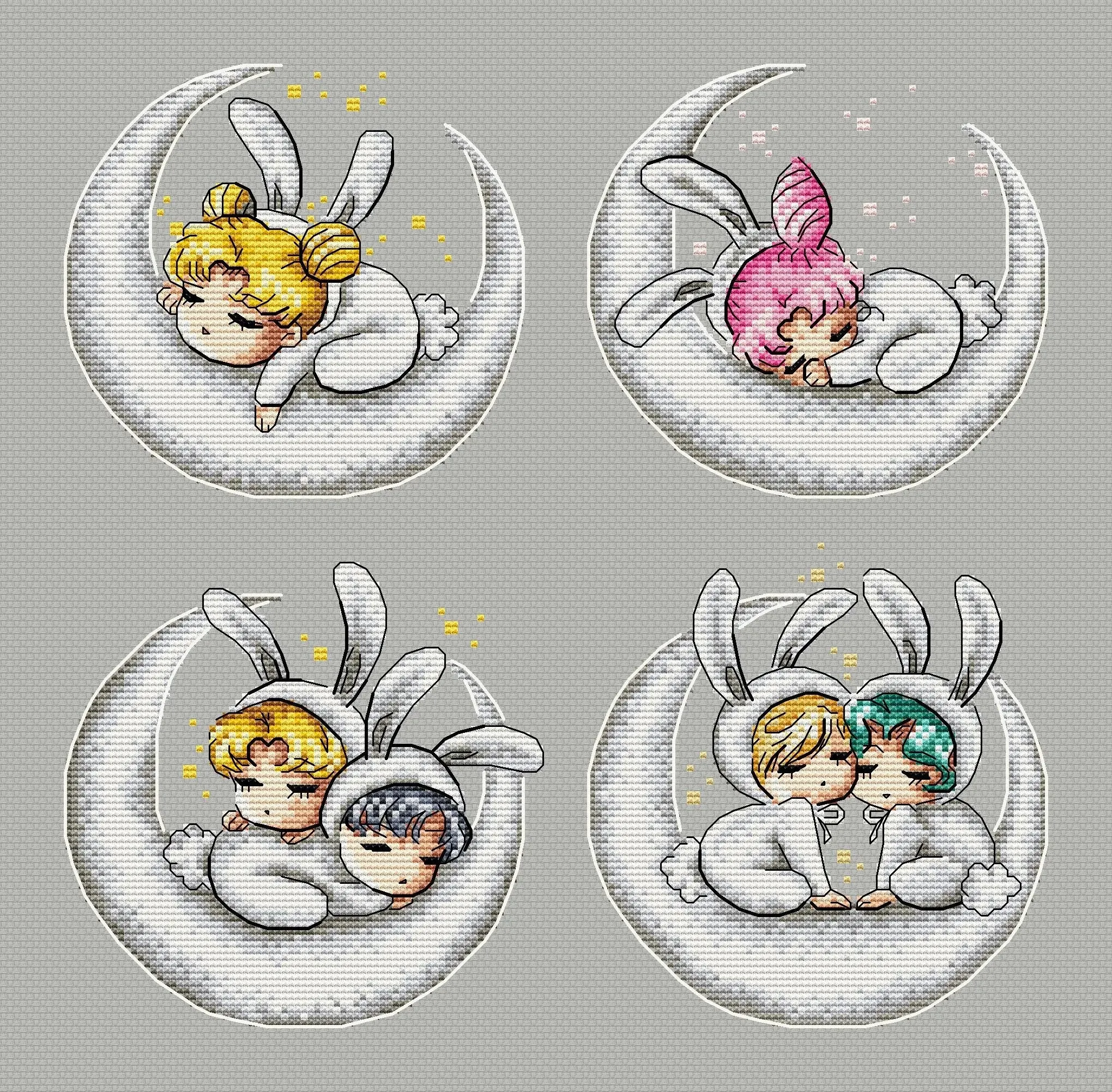 Baby rabbits. Haruka, Michiru, Usagi, Mamoru and Chibiusa - PDF Cross Stitch Pattern