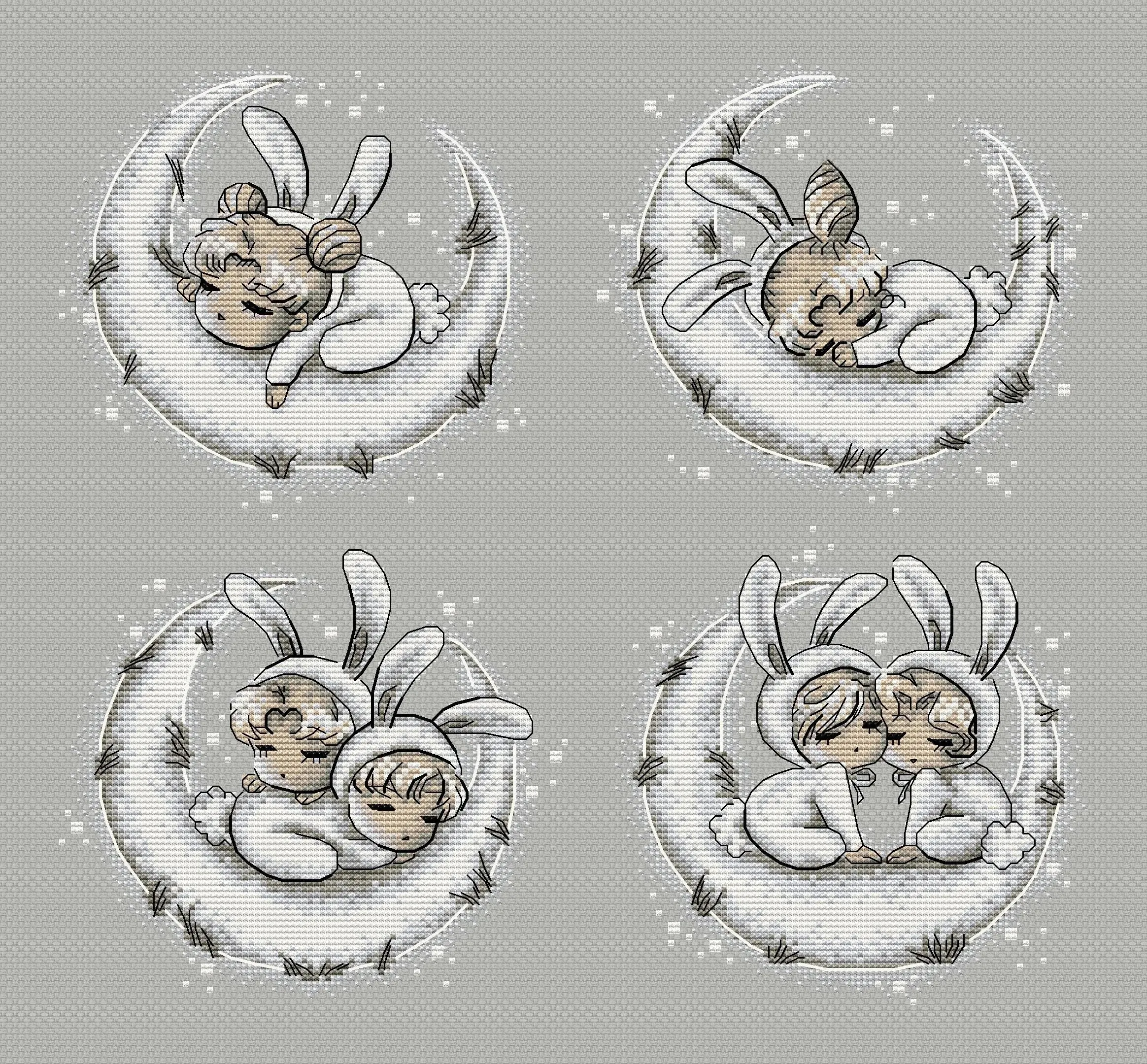 Baby rabbits. Haruka, Michiru, Usagi, Mamoru and Chibiusa - PDF Cross Stitch Pattern