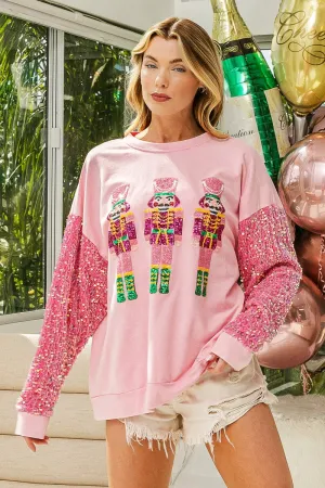 BiBi Sequin Nutcracker Top with Velvet Sequin Sleeves in Pink ON ORDER