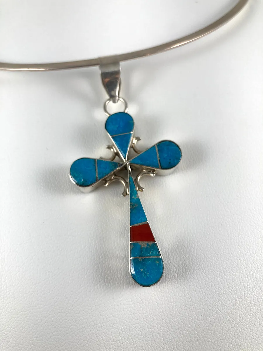 Double-sided Turquoise, Jet & Coral Cross Pendant