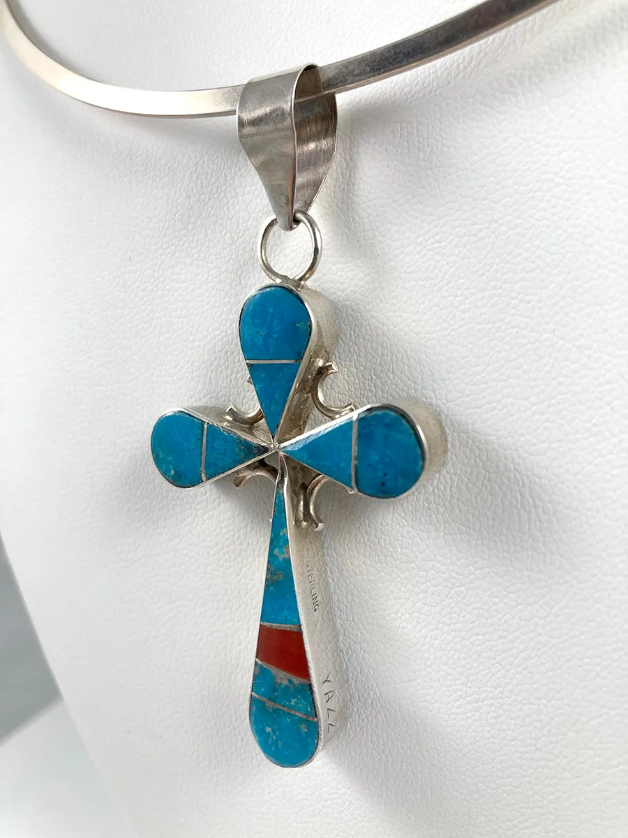 Double-sided Turquoise, Jet & Coral Cross Pendant