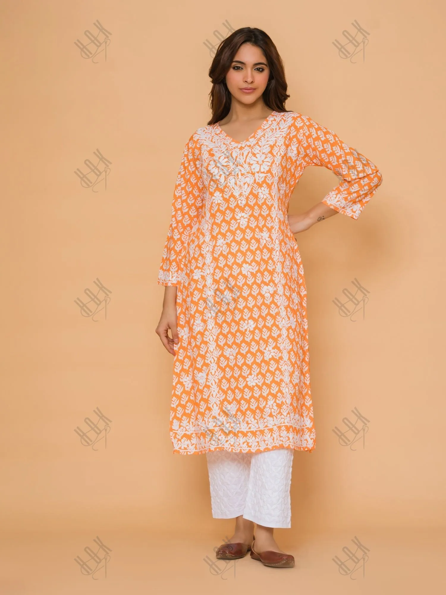 Saba Chikankari Kurta in Muslin - Orange