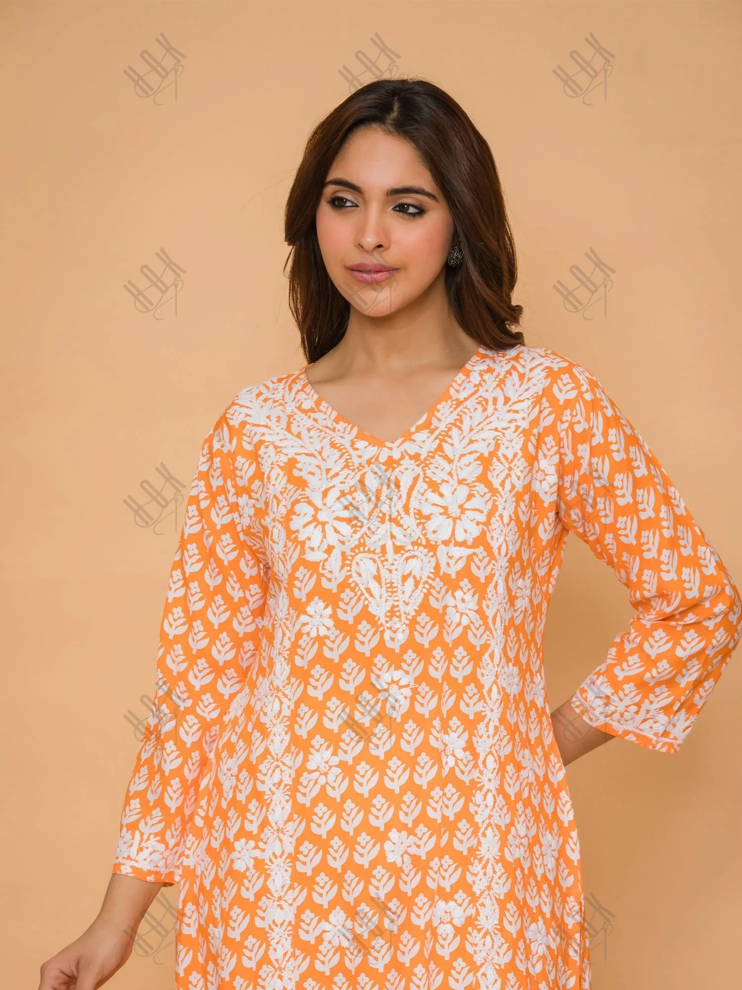 Saba Chikankari Kurta in Muslin - Orange