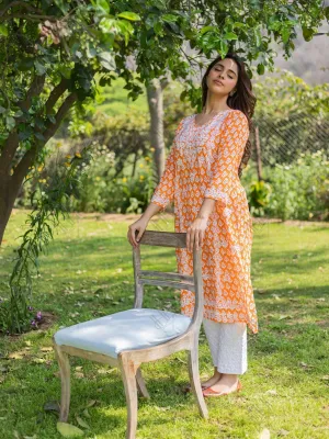 Saba Chikankari Kurta in Muslin - Orange