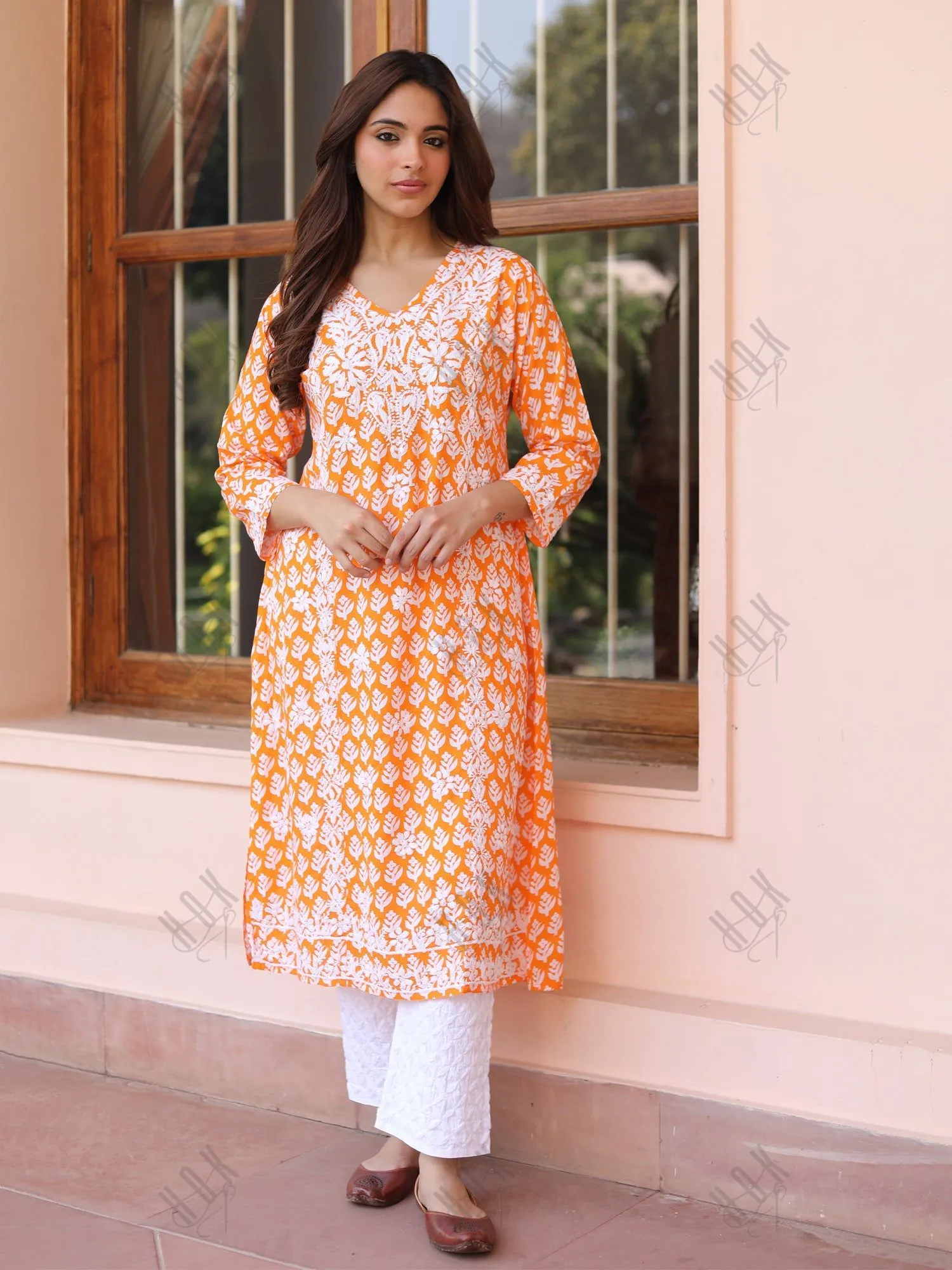 Saba Chikankari Kurta in Muslin - Orange