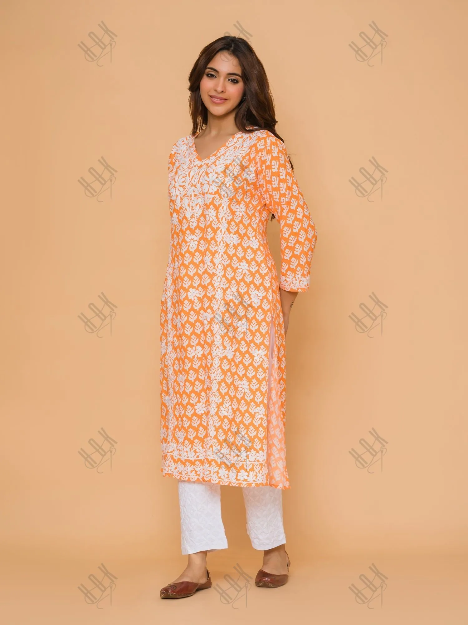 Saba Chikankari Kurta in Muslin - Orange