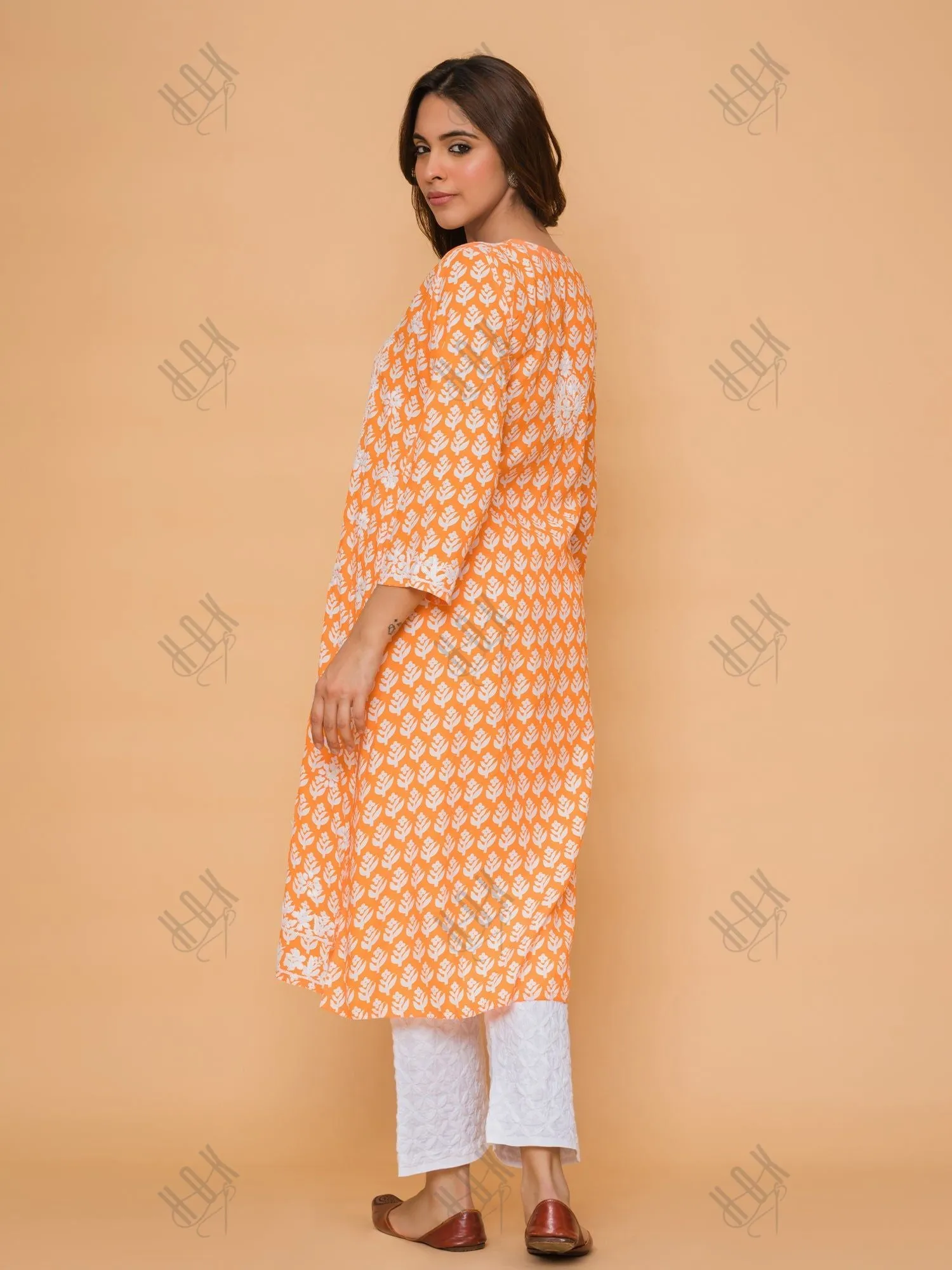 Saba Chikankari Kurta in Muslin - Orange