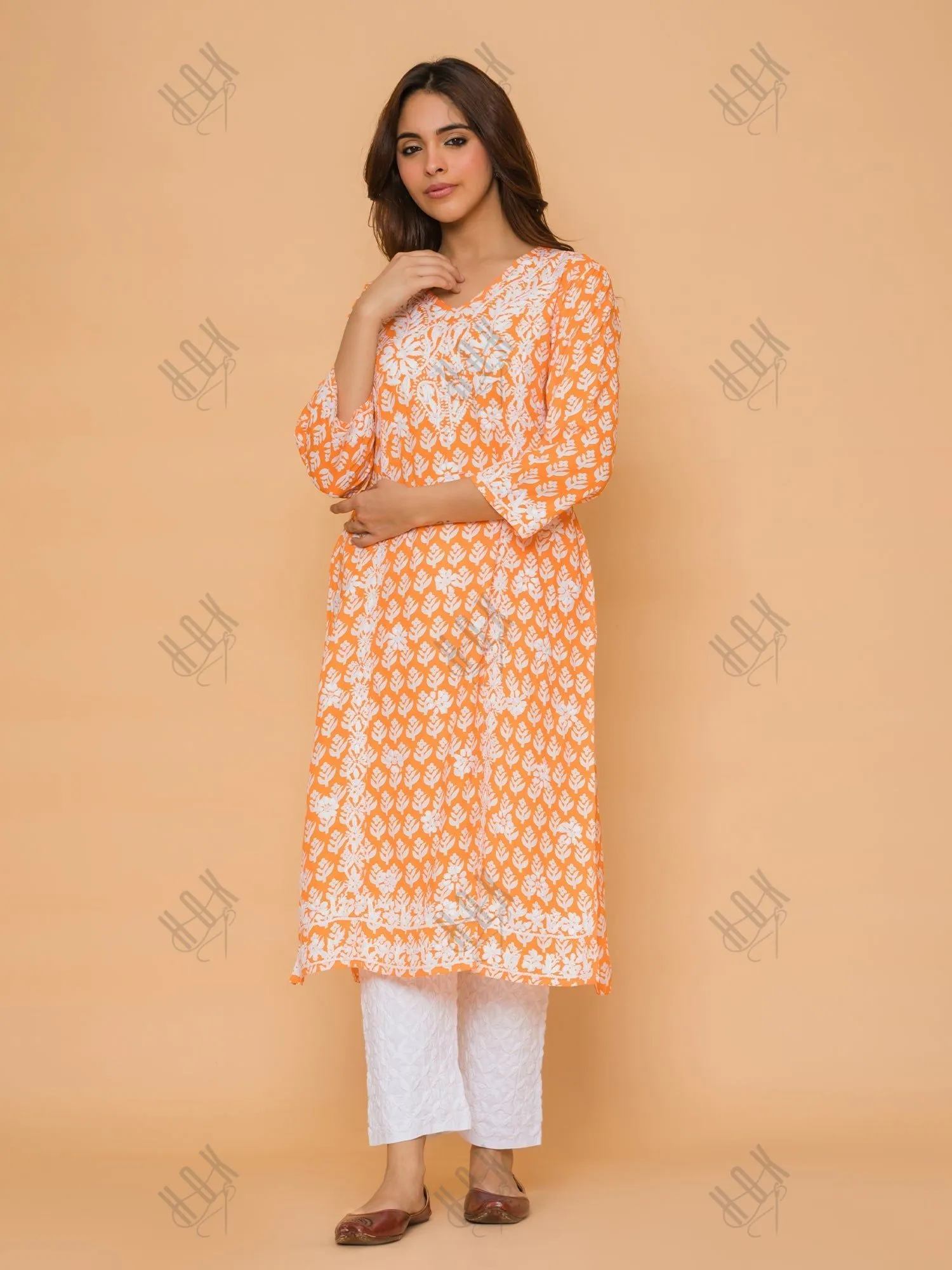 Saba Chikankari Kurta in Muslin - Orange