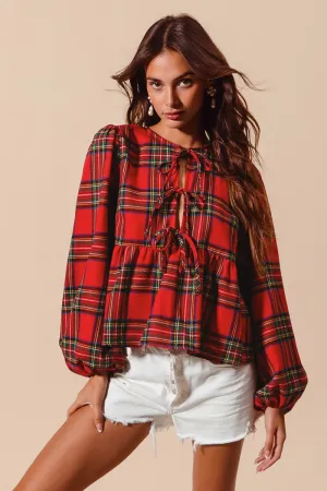 So Me Christmas Plaid Babydoll Top in Red Multi